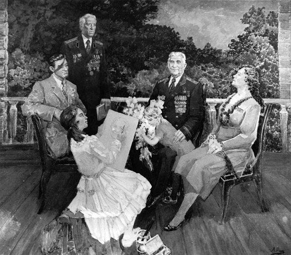 Братья и сестра Вайнруб с внучками. Портрет работы Лазаря Рана. 