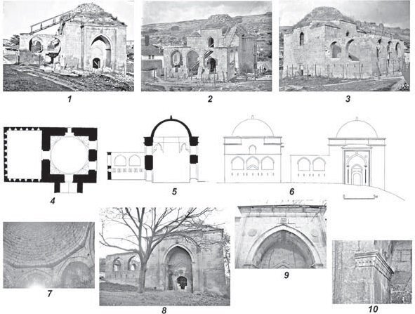 Рис. 48. Эски-Дюрбе в Бахчисарае: 1 — вид с востока; 2 — вид с юга; 3 — вид с запада, фото 1928 г.; 4 — план; 5 — разрез; 6 — южный и восточный; 7 — тромпы, фото 1924 г.; 8 — восточный фасад, современный вид; 9 — тимпан арки портала; 10–карнизпятыаркипортала,фасады (по Мирас…, т. 2,3, 2016; фото автора, 2019 г.). использована realnoevremya.ru иллюстрация из книги «История крымских татар» 
