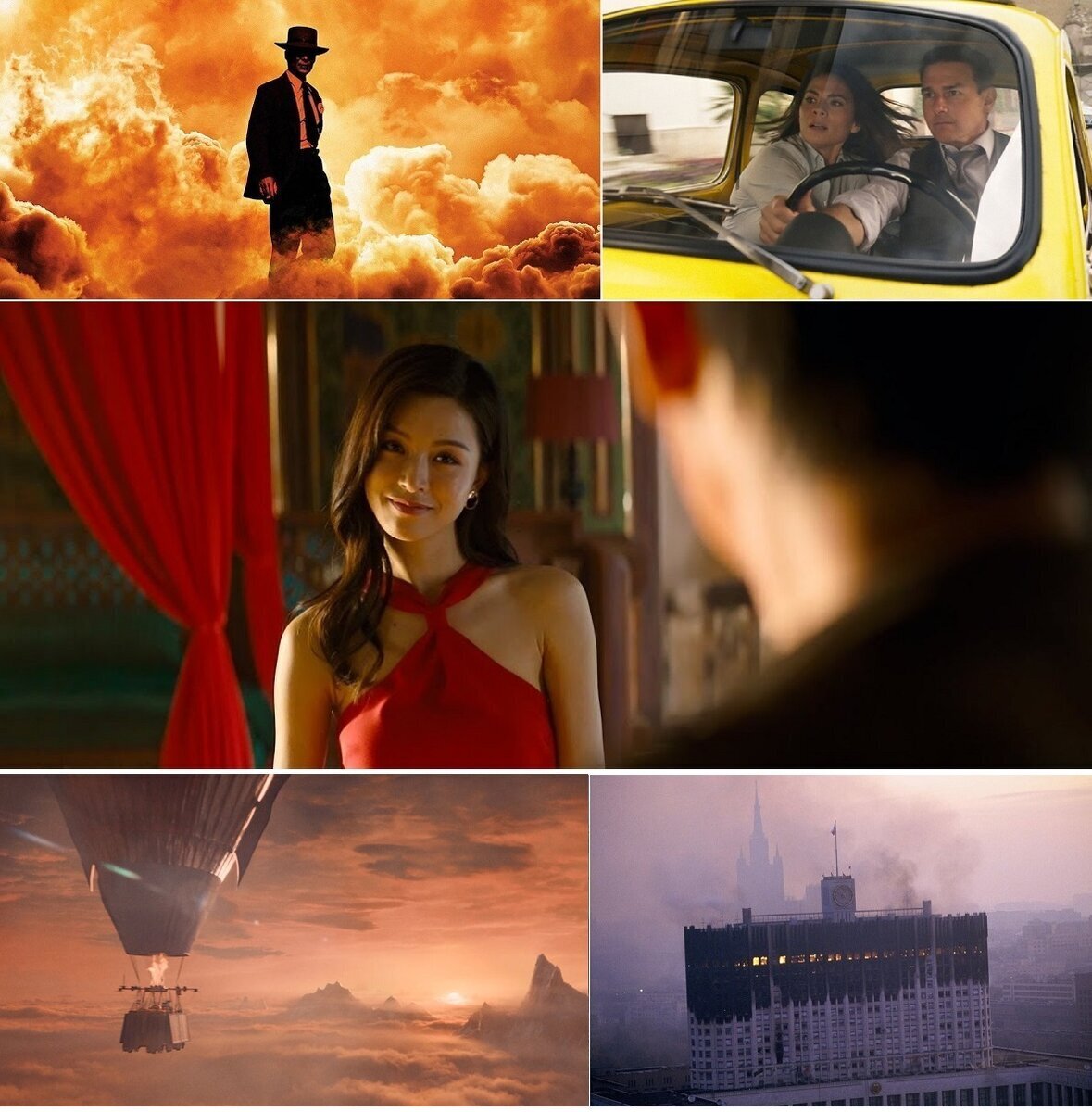 1. "Оппенгеймер", - 3 (три) часа; 2. Миссия Невыполнима (очередная часть), - 2 (два) часа 43 минуты; 3. "Исчезнувшая в звездах", - 2 (два) часа 2 минуты; 4. "Повелитель ветра", - 1 (один) час 34 минуты; 5. "1993", - 2 (два) часа 24 минуты; Изображения взяты из открытого доступа. Причем, фото горящего российского парламента, - настоящий горящий российский парламент 1993 года.