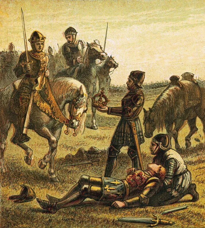 Смерть Ричарда III в битве при Босворте изображена 405 лет спустя на иллюстрации 1890 года. Генрих VII был тем, кто столкнулся с ним в бою, а после смерти Ричарда занял трон, став первым монархом дома Тюдоров. Открытый источник