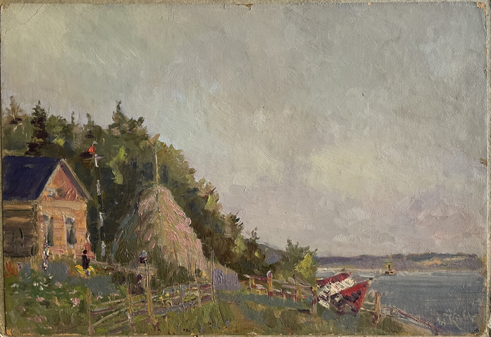 Домик бакенщика на Волге, 1953 г., материалы: картон, масло, размер: 35 х 50 см Источник: https://artsreda.ru
