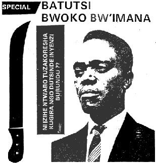Номер газеты "Кангуры" за ноябрь 1991 г., открывающийся статьей "Тутси: божье пламя". Текст справа от мачете: "Каким орудием мы воспользуемся, чтобы навсегда извести тараканов?" Портрет - второй президент Первой республики Каябанда, сделавший хуту господствующей группой после резни 1959 г.