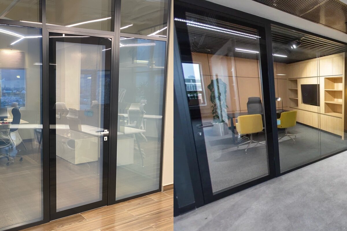 Перегородка с умным стеклом слева, с обычным прозрачным справа. Угол обзора примерно одинаковый. Можно также заметить, как мутность зависит от угла. Сравните крайнее левое смарт-стекло и крайнее правое с левой картинки. Оба этих стекла одинаковые, но мутность разная, потому что угол обзора разный. 