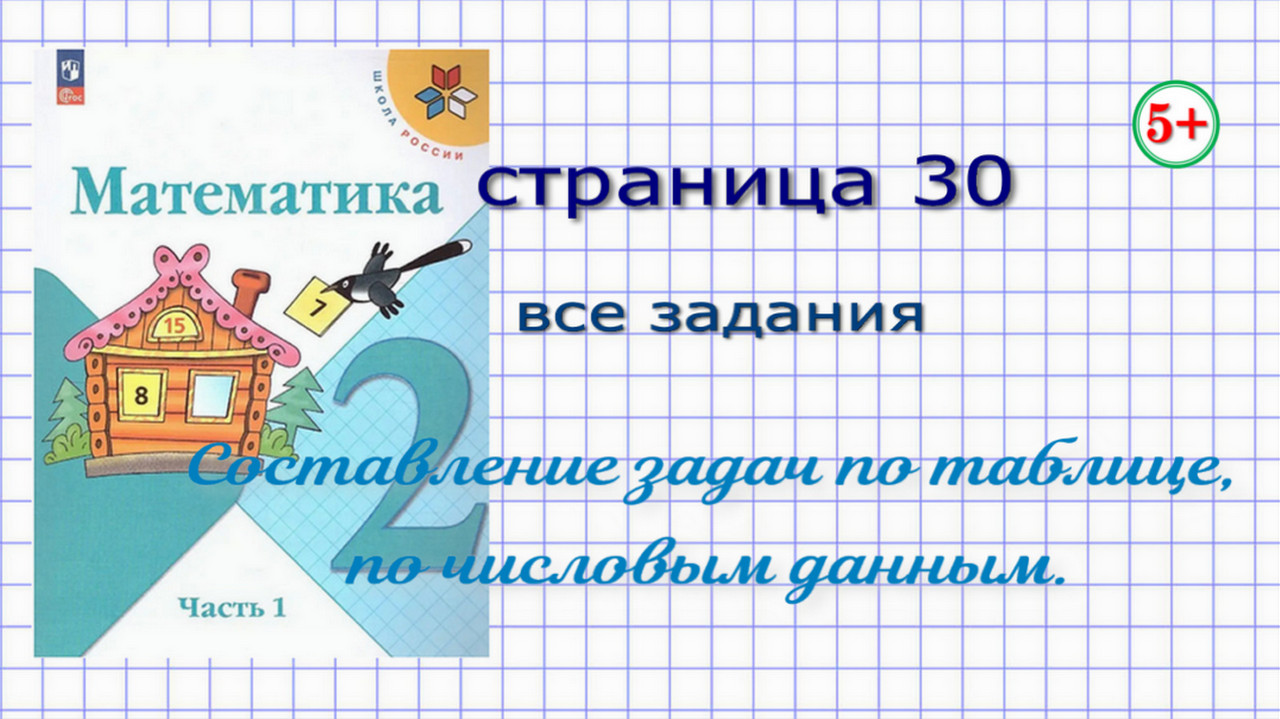 Математика 2 класс часть 1 стр. 30 Моро. Все задания. Тема: составление  задач по рисунку, таблице, числовым данным. Начальная школа.