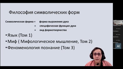 Профессор Ира Качур «Взаимоотношение между чувственным восприятием и мифическим пространством и временем в Философии Кассирера» Видео 1