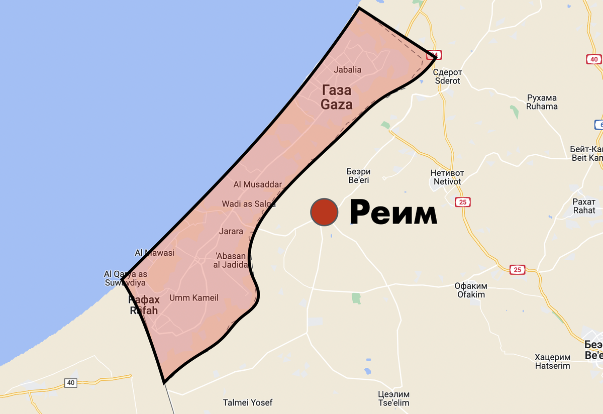 Расположение Реима на карте рядом с Сектором Газа