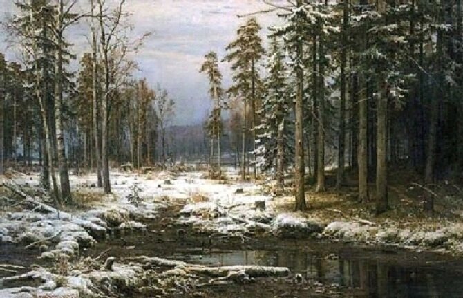 Иван Шишкин. Первый снег. 1875. Холст, масло. 140 x 220. Киевская картинная галерея