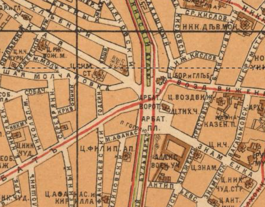 На карте Москвы 1916 года можно рассмотреть что-то похожее. С сайта www.retromap.ru