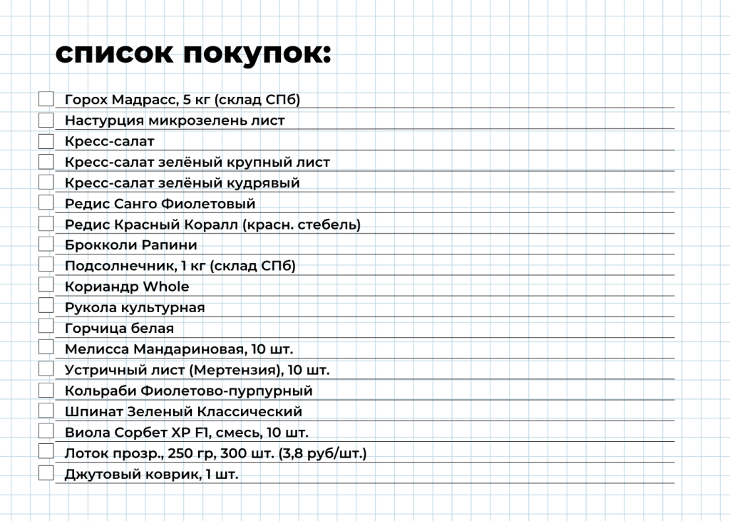 Список семян и расходников для покупки | Иллюстрация на основе списка автора
