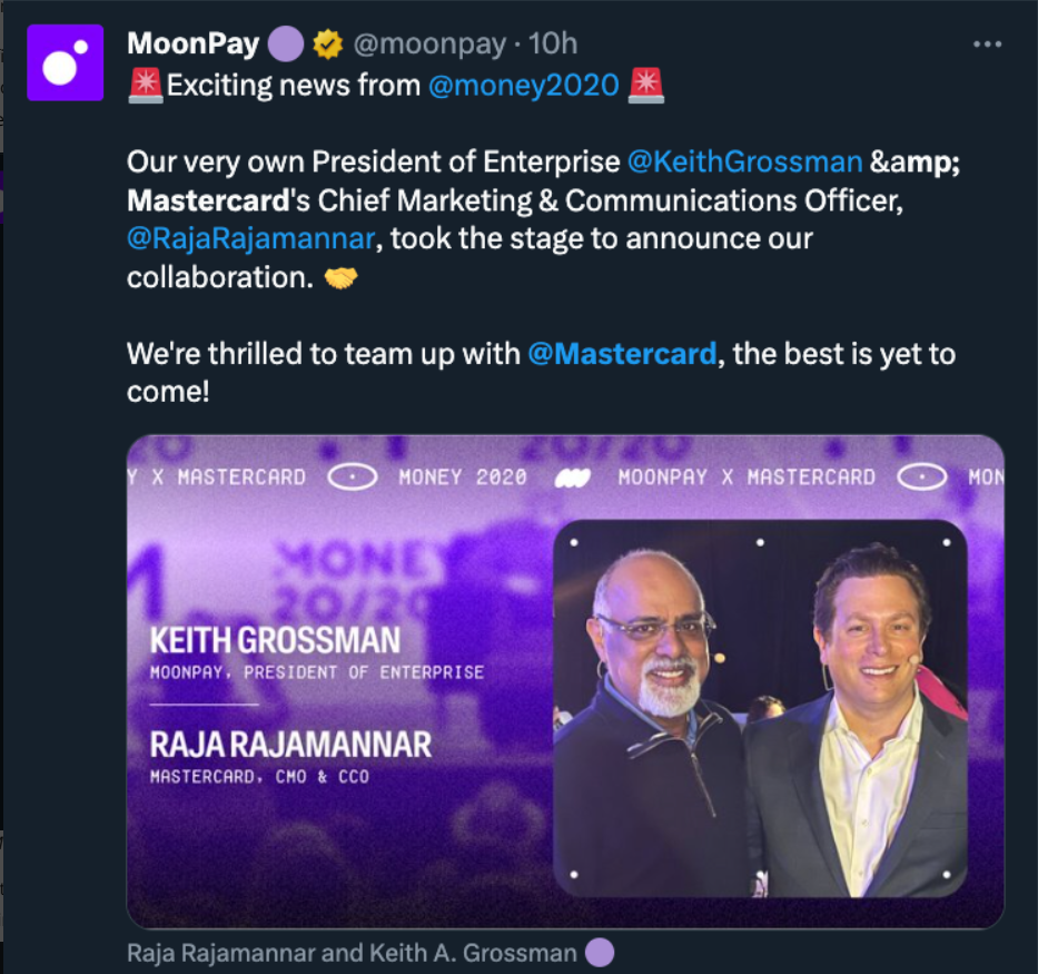 Объявление о партнерстве MoonPay с Mastercard. Источник: X (бывший Twitter)