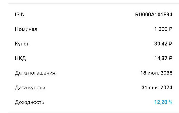 Купон 30,42 рубля за 1 облигацию выплачивается в январе.