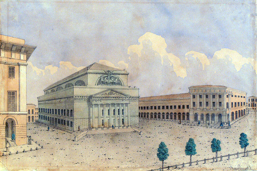 Большой театр и дом купца Варгина (справа), где открылся Малый театр в 1824 году 