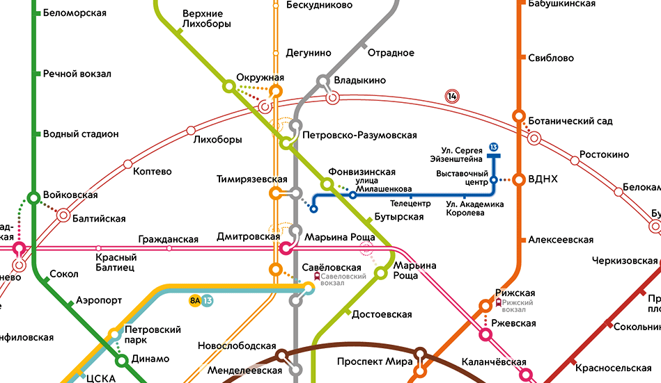 Линия монорельса на схеме скоростного транспорта Москвы обозначена номером 13