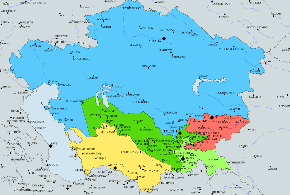 Карта центральной азии со странами крупно