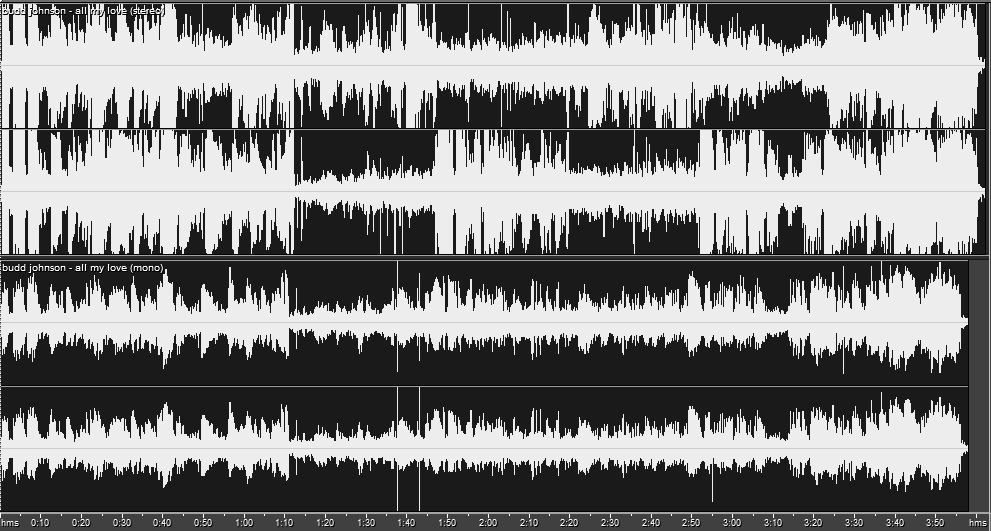 Сверху амплитуда пластинки в стерео, снизу - в моно