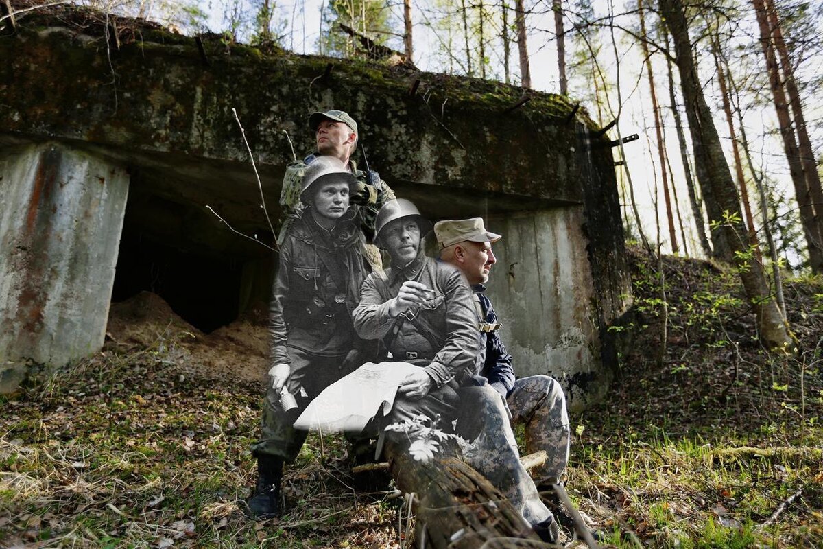 Бумаков и Никулин у ДОТа. Коллаж, объединяющий 1941 и 2023 годы