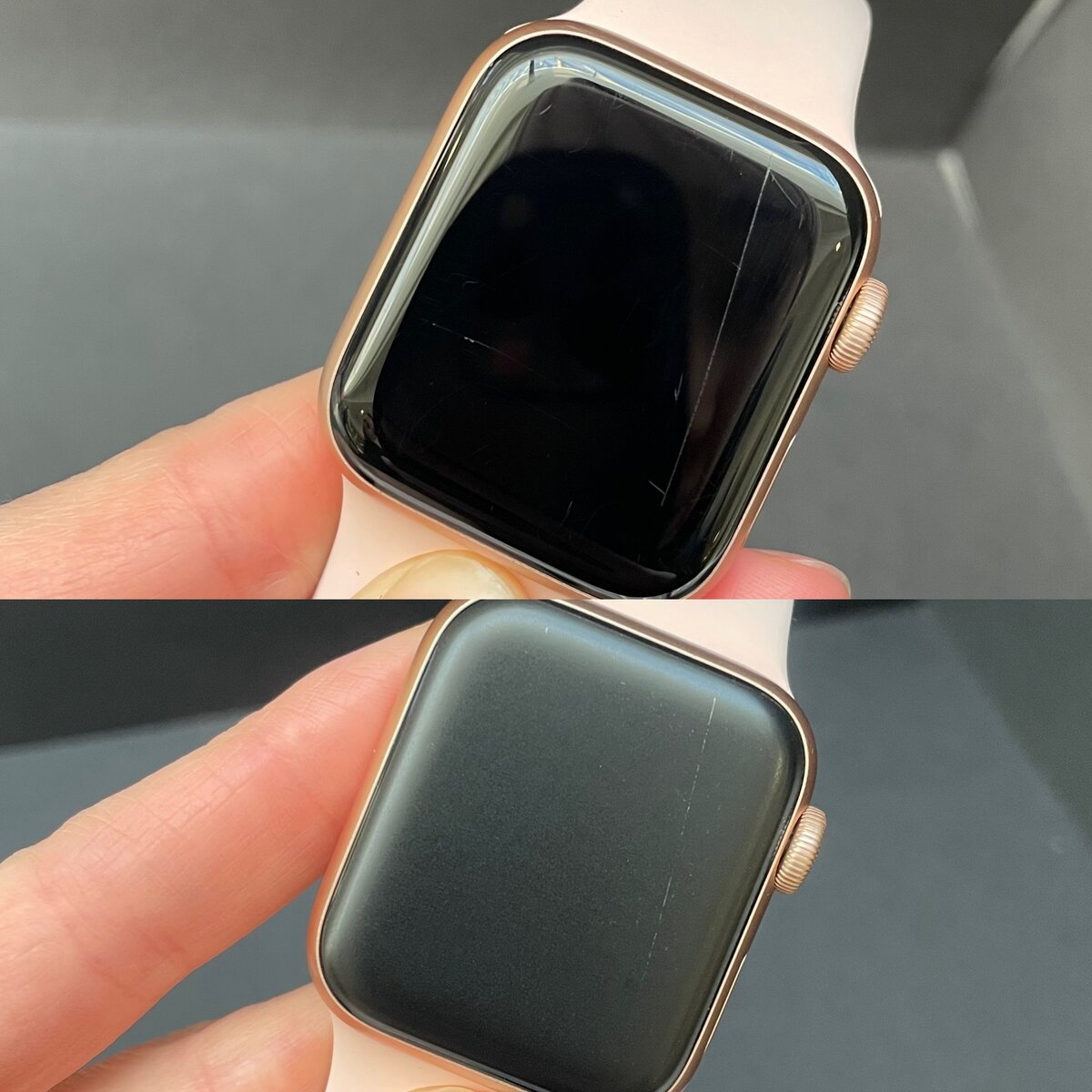 Матовая пленка на экране Apple Watch. Скрыты все потертости, трещина все же видна под определенным углом освещения.