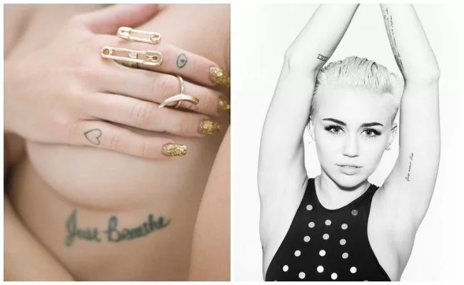 Татуировка 'Just Breathe' под левой стороной ее груди.