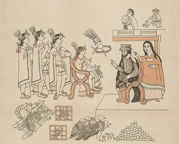 Встреча Кортеса и Монтесумы, Тласкаланское изображение 16-го в. Источник: Wikimedia Commons