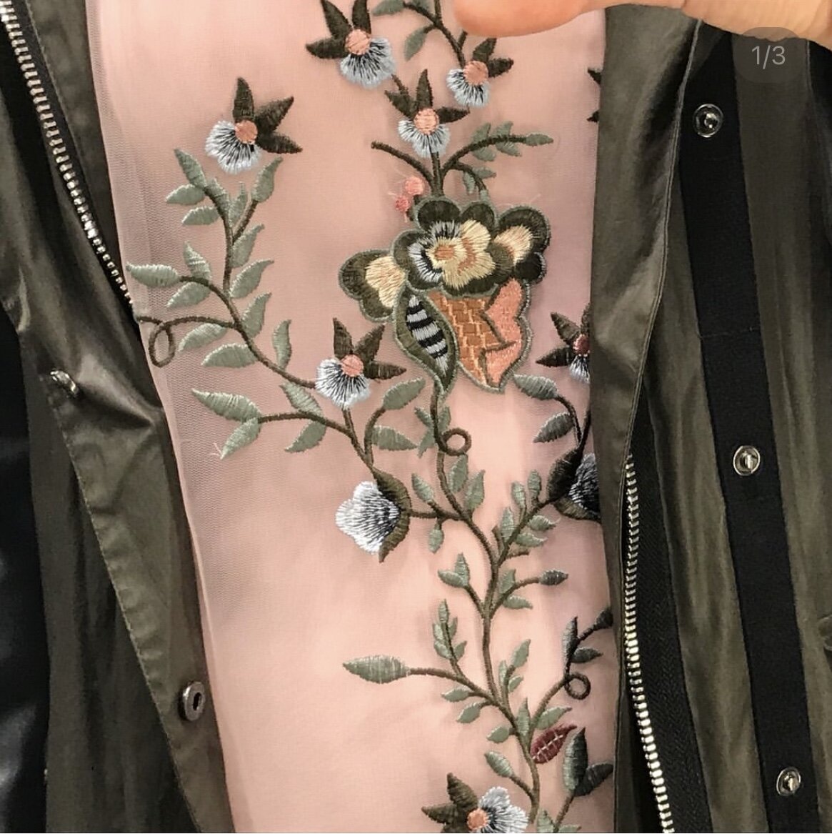 Вышивка на тюле + парка, фото 2017 года. Парка у меня была, кстати, с рукавами из эко-кожи. 