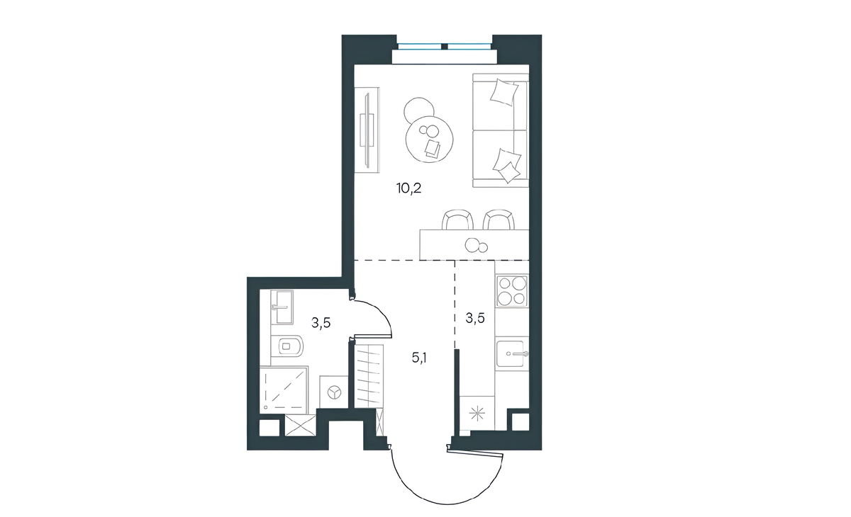 Студия с выделенной зоной кухни
