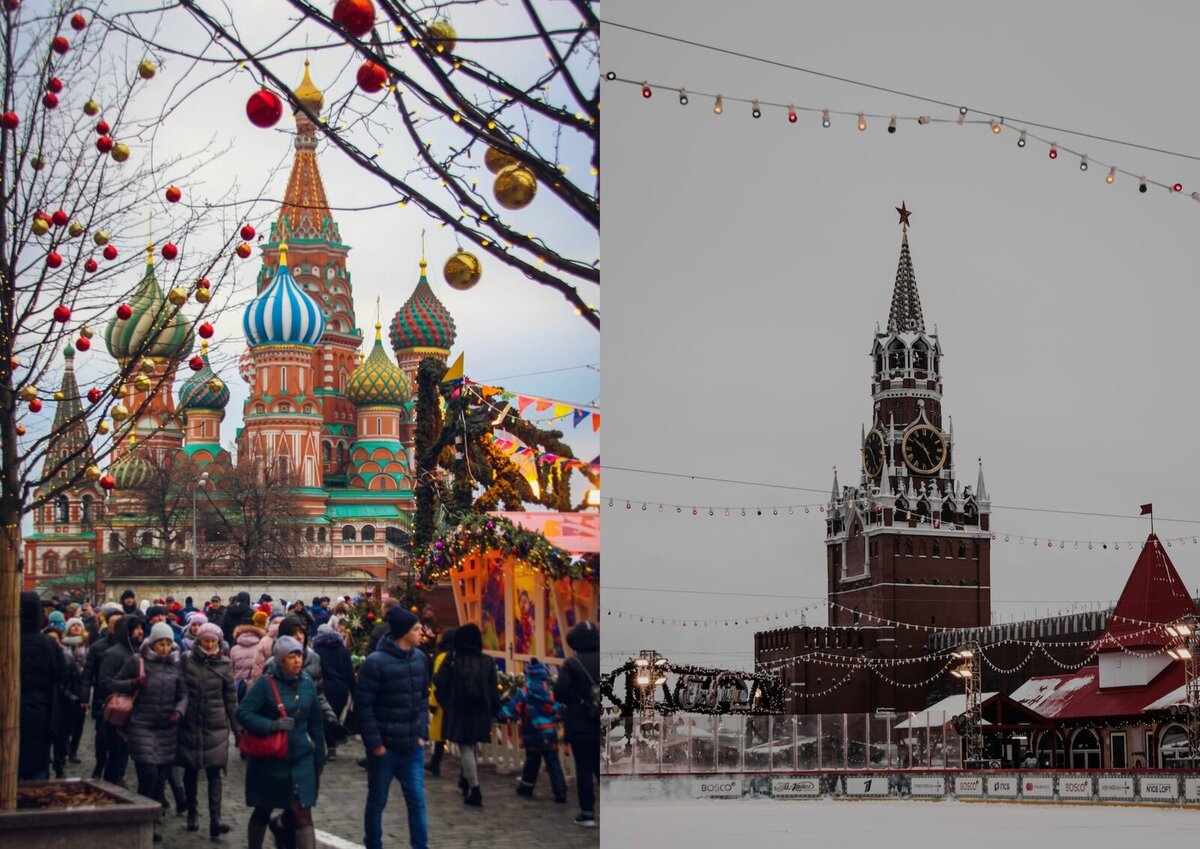 В Москве главной площадкой новогодних праздников становится Красная площадь. На ней устанавливают высокую украшенную ель, открывают рождественскую ярмарку и каток. Фото: Achraf Nekker и Klim Musalimov / unsplash.com