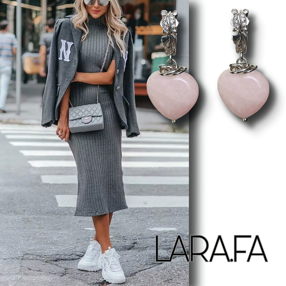 Серебристые серьги с фианитами и натуральным Розовым кварцем, дизайн LARA.FA jewelry