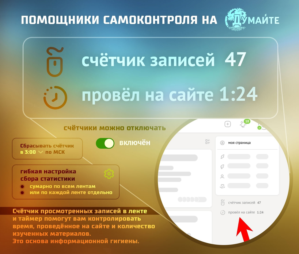 Как помочь пользователю контролировать процесс погружения в информационные ленты, не «залипать» в них, и зачем нужен счётчик количества пролистанных записей на сайте «Думайте».