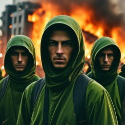 Фанатики на фоне пылающего здания. Предверие Судного дня.