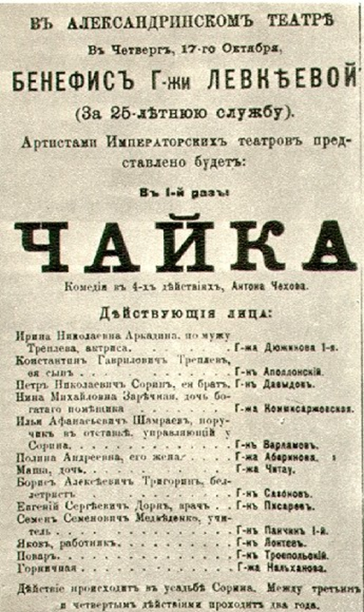 Программа первой постановки «Чайки» в Александринском театре