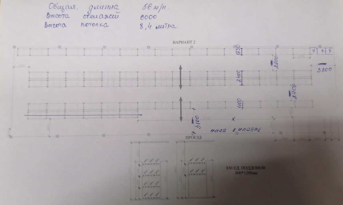 План помещения: три ряда стеллажей высотой по 6 метров каждый. На них будут располагаться поддоны с готовой продукцией