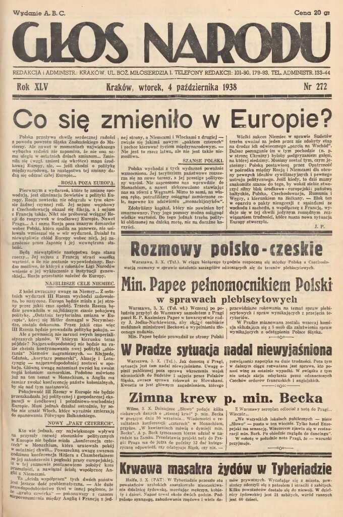 Первая страница Głos narodu. Источник:  https://jbc.bj.uj.edu.pl/dlibra/publication/205534/edition/194315/content
