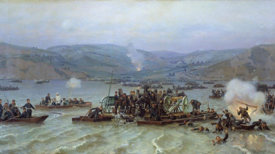 Переправа русской армии через Дунай у Зимницы 15 июня 1877 года, Николай Дмитриев-Оренбургский (1883). Общественное достояние