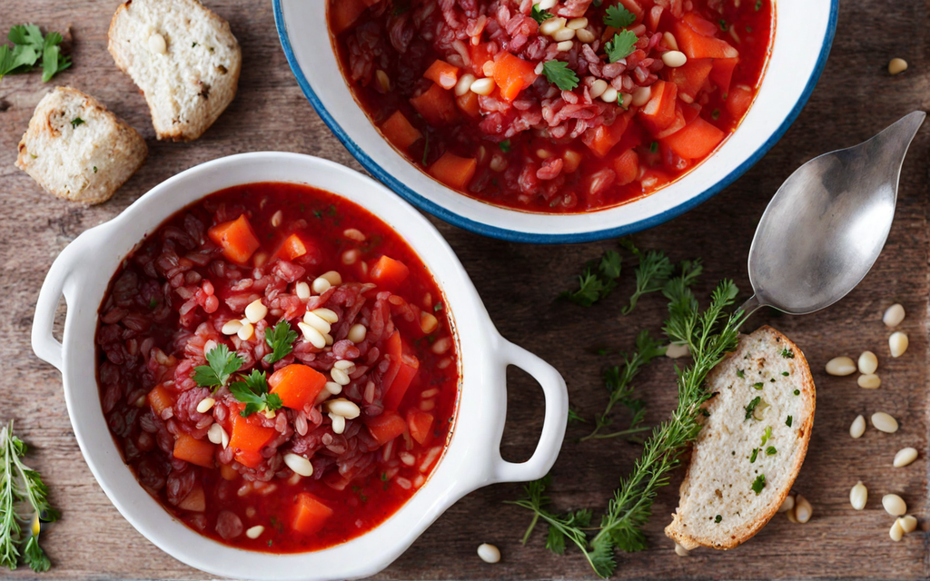 Рассольник с говядиной и перловкой с солеными огурцами