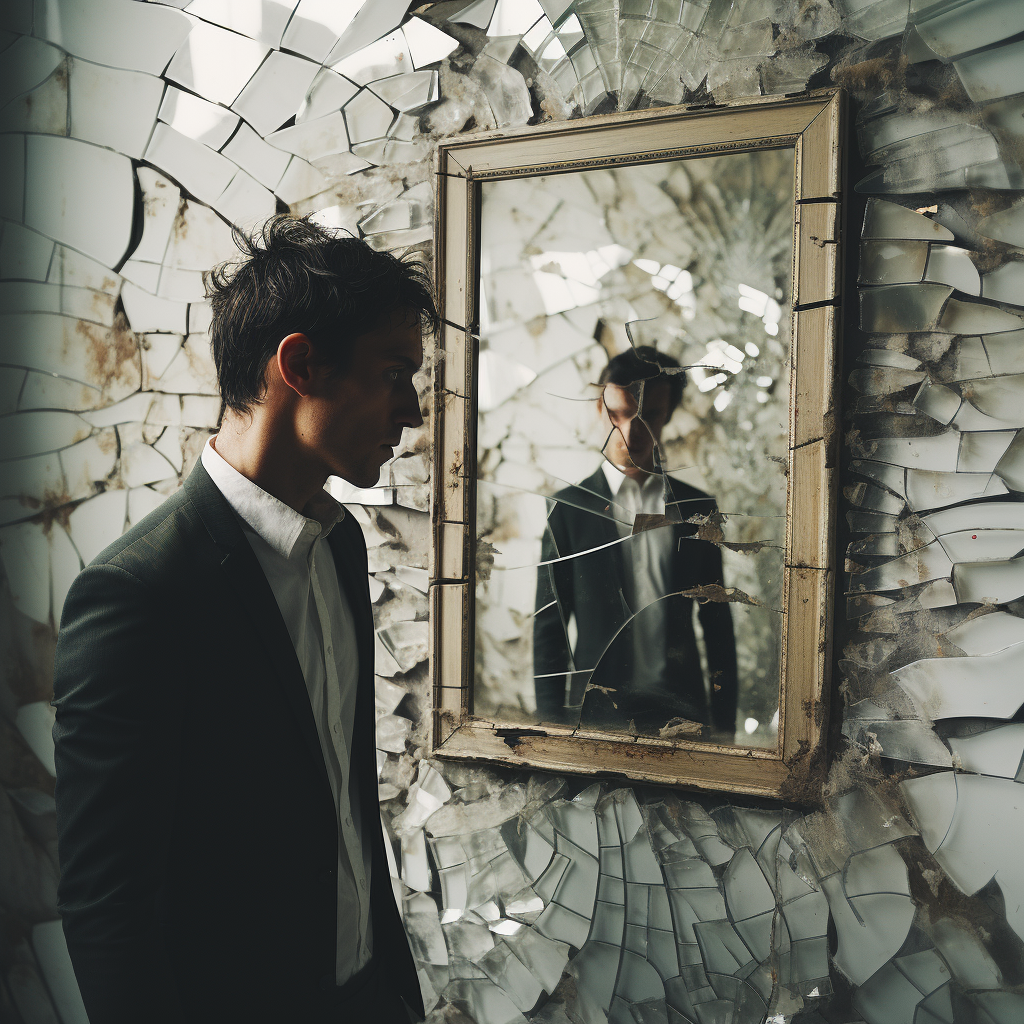 Стас смотрит в зеркало.