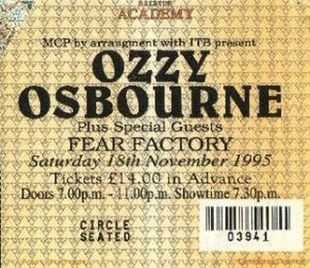 Вот так выглядел билет на концерт Оззи Осборн 18 ноября 1995 года в Brixton Academy, Лондон