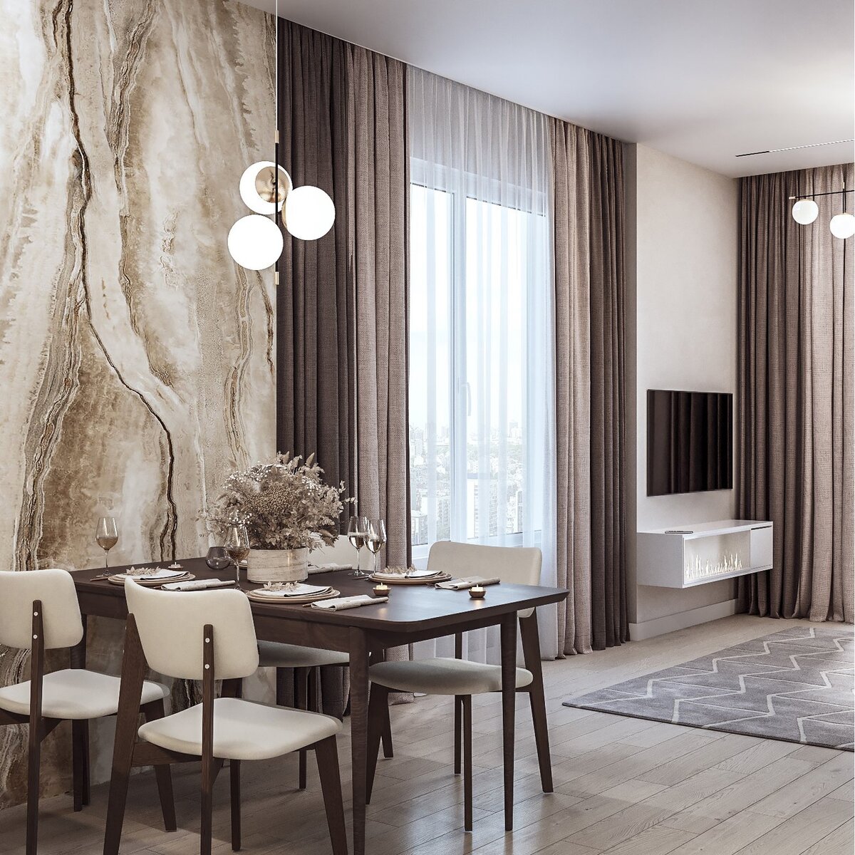 В 23 м²  Эльвира @designed_by_derunova  создала эстетичный и теплый дизайн кухни-гостиной, использовав обои из коллекции "Elegant-20".