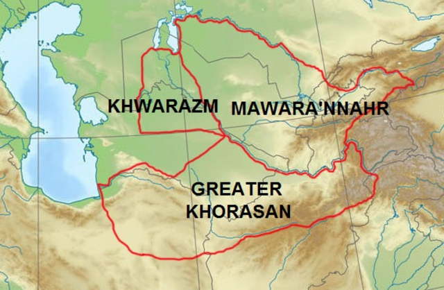 Карта расположения Мавараннахра (Трансоксания или Фараруд), Хорезма и Большого Хорасана. Фото из свободных источников в Интернете.