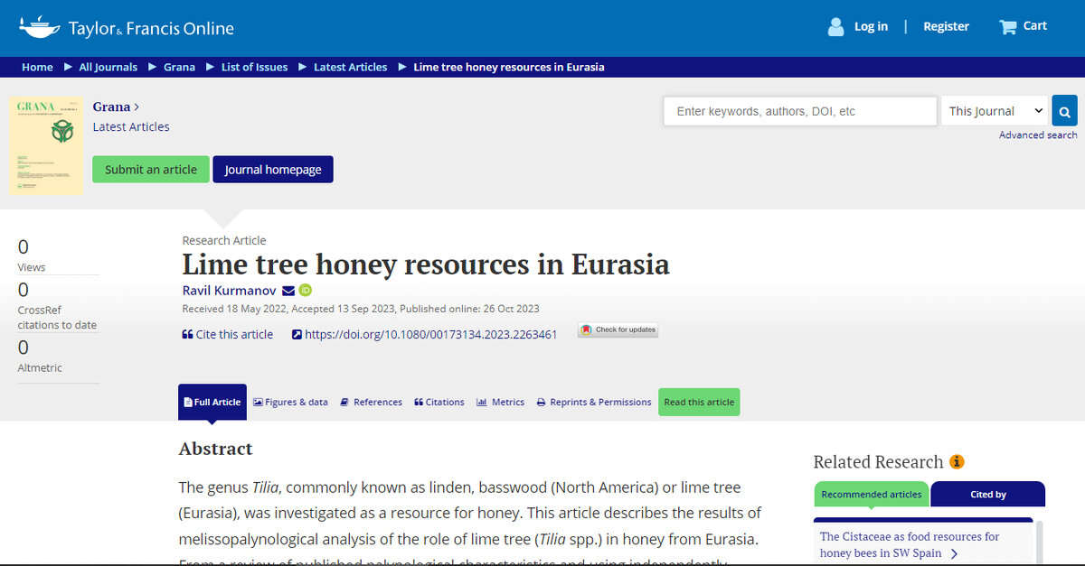Статья Lime tree honey resources in Eurasia. Автор - Ravil Kurmanov. Информация с сайта журнала https://www.tandfonline.com/doi/full/10.1080/00173134.2023.2263461?src= 