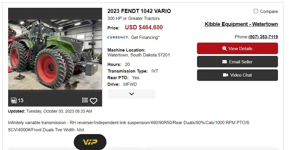 Цена  на относительно новый трактор Fendt 1042 Vario с наработкой 20  моточасов (источник: скриншот экрана со страницы объявлений популярных  мировых маркетплейсов)