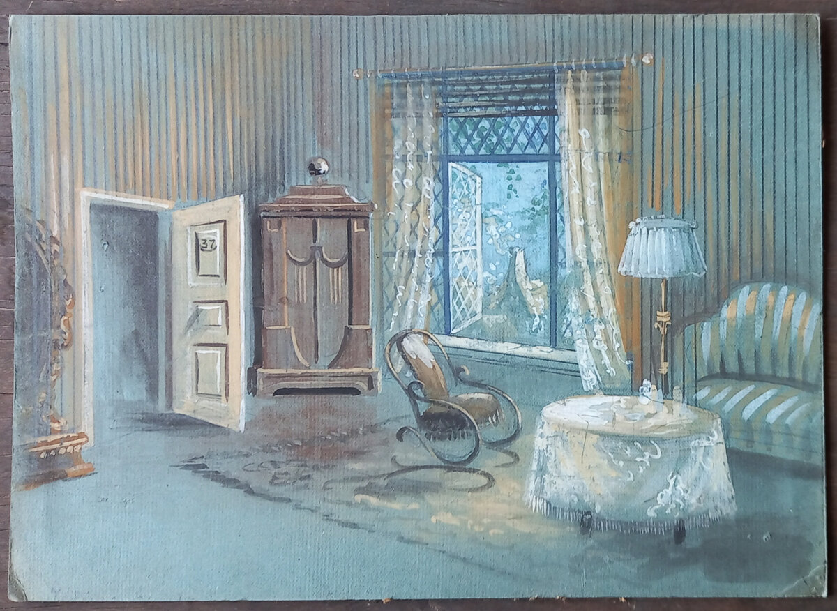 1958 г.. Художник Н. А. Блинов. Эскиз декорации к постановке на Свердловской телестудии "Четыре ошибки" Леофаля, режиссер Курочкин. Картон, гуашь.
