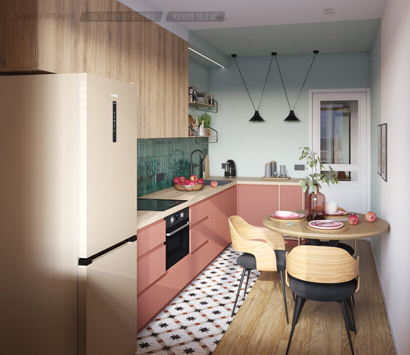 интерьер кухни, на полу керамогранит c пестрым мозаичным узором