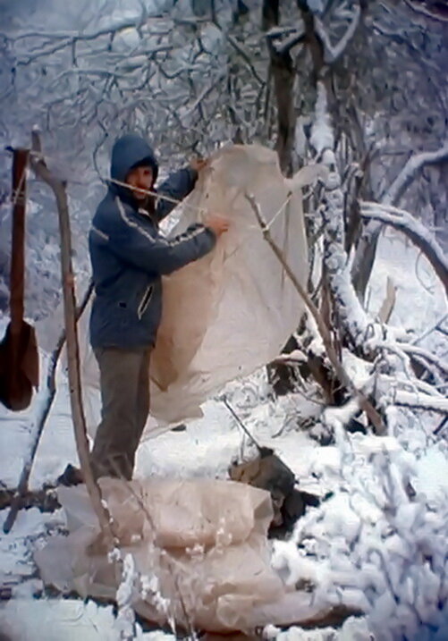 Фото автора, со слайда. Это я утром снимаю пленку с разбираемой бани, которую накануне вечером соорудил на скорую руку. Внизу заметны камни, которые ночью были раскалены докрасна. К сожалению, других фото с горной баней у меня не сохранилость :(
