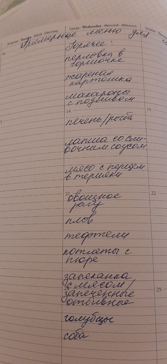 Вот меню на горячие блюда на следующий месяц.