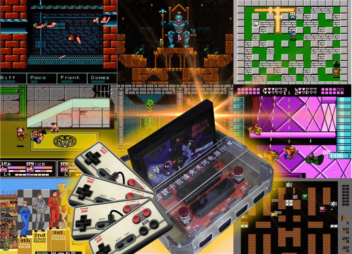 На денди есть немало игр с поддержкой режима игры для 4 игроков с использованием мультитапа и 4 геймпадов. Эти игры отлично подойдут для веселой компании.