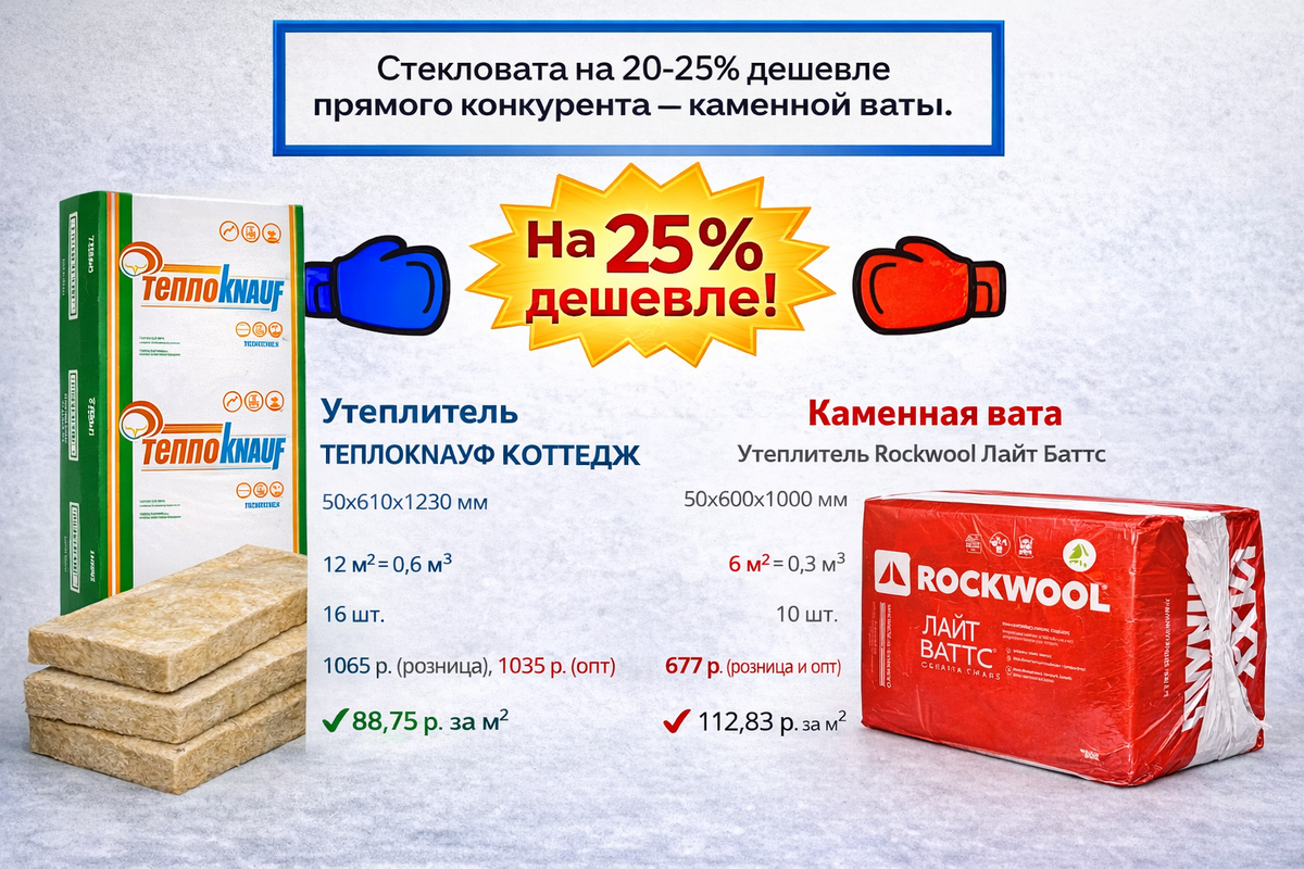 Сравниваем цены не с количеством плит в упаковке, а сколько квадратных метров закроет утеплитель. Толщина плиты одинаковая – 50 мм.