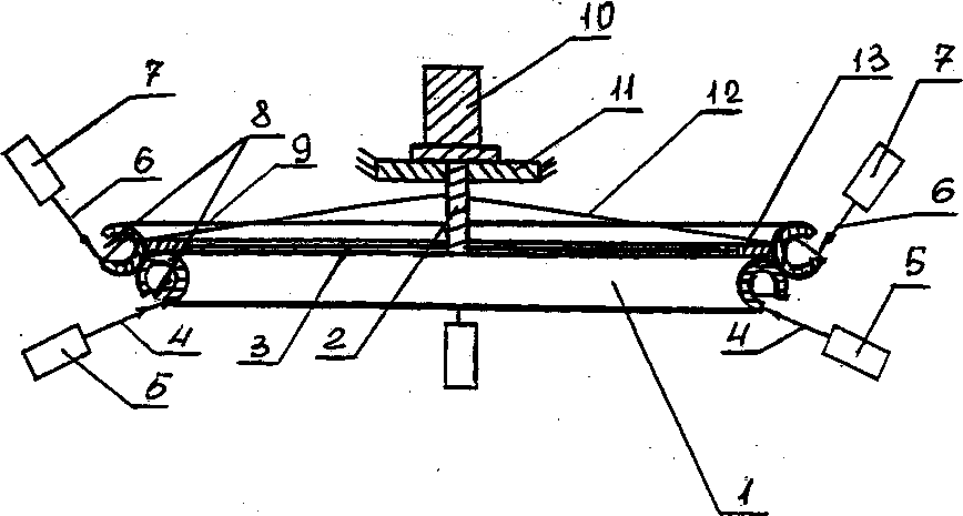 Рис. 2. 1. Набор биттеровских соленоидов. 2. Вал эл. двигателя. 3. Крепление. 4. Луч лазера. 5. Лазерная пушка. 6. Луч лазера. 7. Лазерная пушка. 8.Зазоры биттеровских соленоидов. 9. Набор биттеровских соленоидов. 10. Эл. двигатель. 11.Крепление эл. двигателя. 12.Крепление. 13.Колесо.