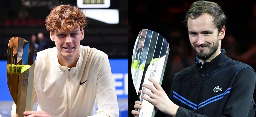 Янник Синнер и Даниил Медведев с трофеями в финале турнира Erste Bank Open, октябрь 2023 года © Соцсети Янника Синнера и фан-аккаунт Даниила Медведева