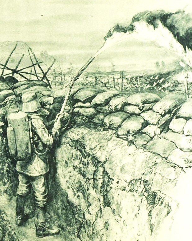 Рисунок из английского журнала за 21 августа 1915 года, иллюстрирующий рассказ о применении немцами огнемета.