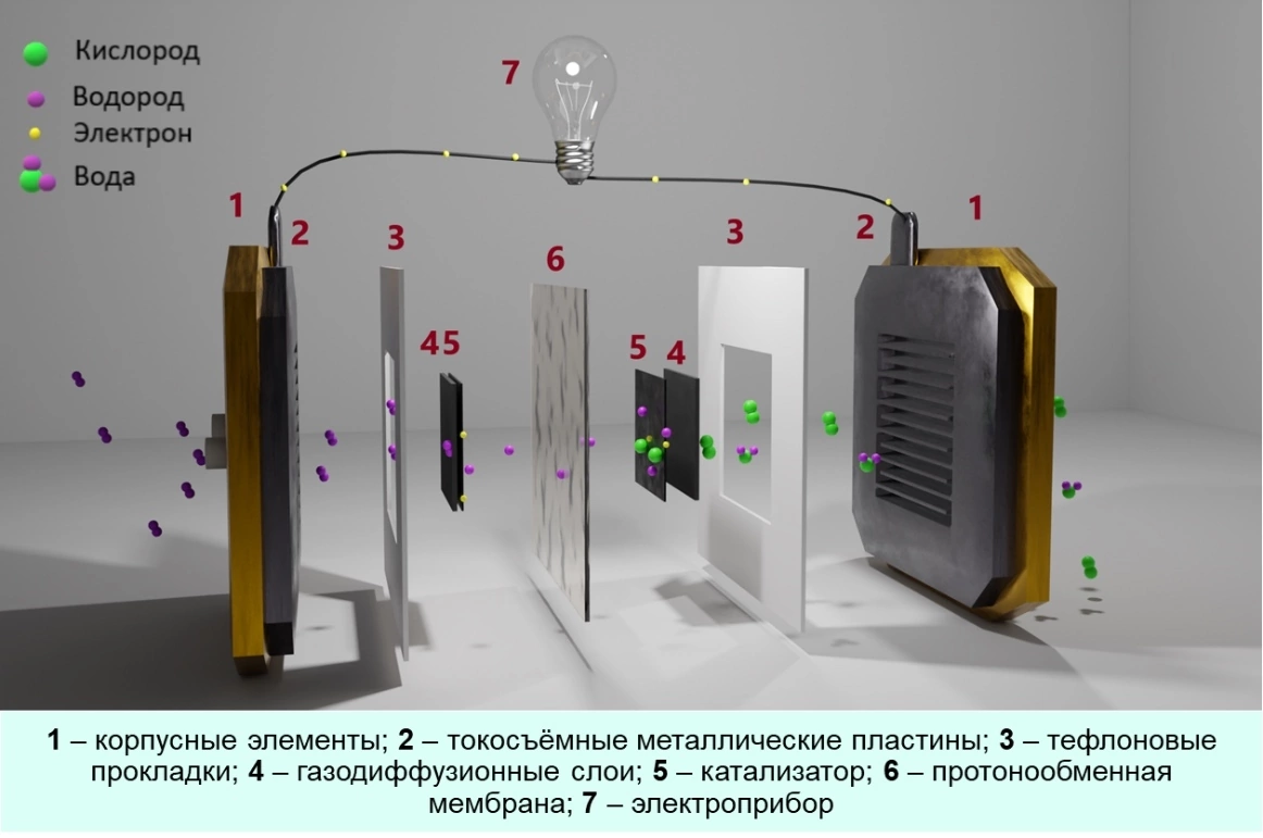 Схематичная модель топливного элемента с протонообменной мембраной